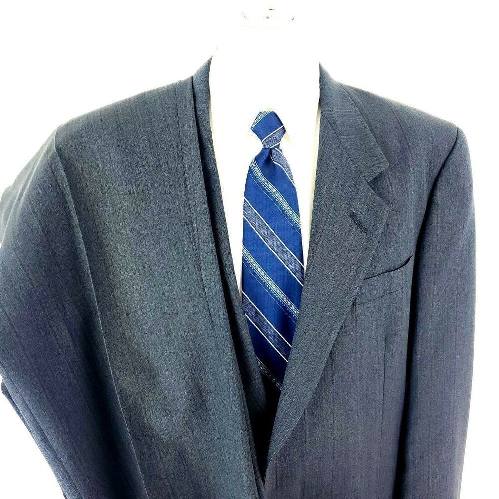 Austin Reed Wool 2 Button‎ 2 Piece Suit 40L Gray Blue Striped 37/32 Pleated